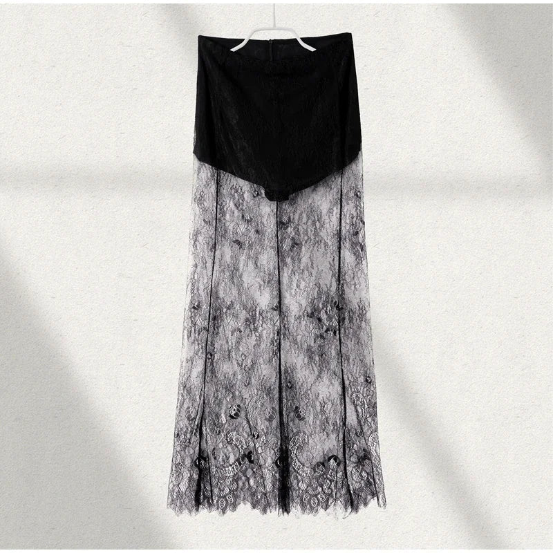 Trendy Tube Top Lace Long Skirts Sets Women Strapless Sleeveless Slim Tops See Through Skirt Summer Chic Party Outfits Dress Set