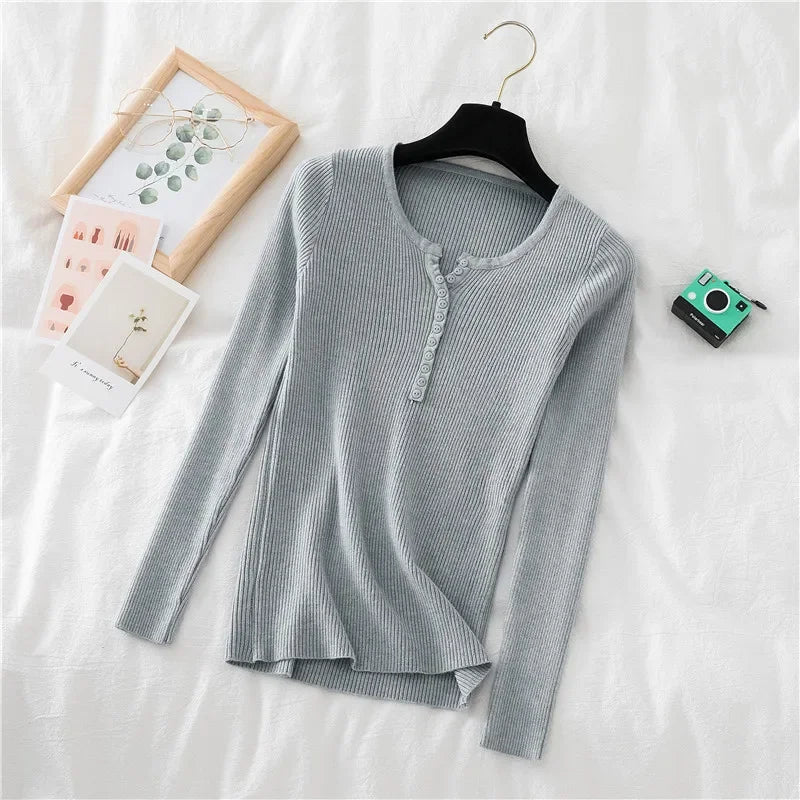 Korea Autumn Winter Button V Neck Sweater Women Basic Slim Pullover Women Sweaters And Pullovers Knit Jumper Soft Warm Tops
