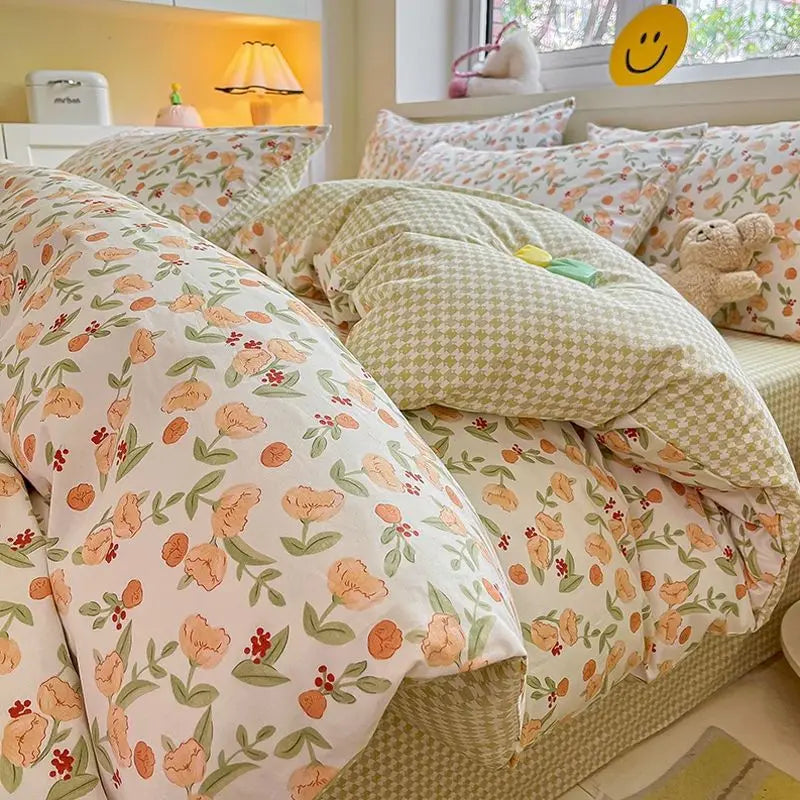 Juego de ropa de cama Kawaii para niños y adultos, sábana encimera, funda de edredón, funda de almohada, tamaño individual, doble, completo, ropa de cama floral de cerezo, textil para el hogar