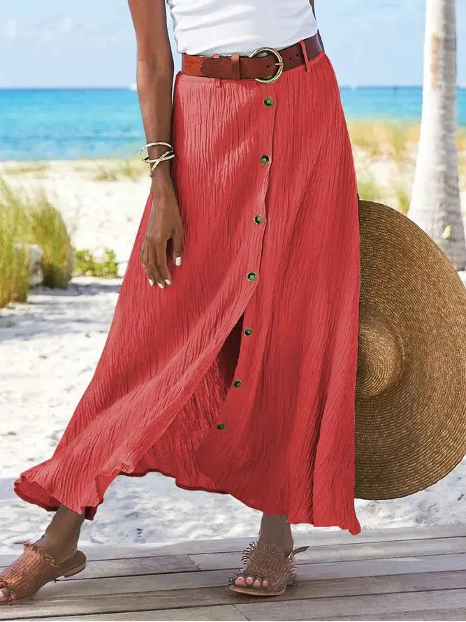 Women Skirt Spring Summer New Fashion Casual Cotton And Linen Solid Color Buttons Skirt Split A- Line Hip Waist Long Skirt
