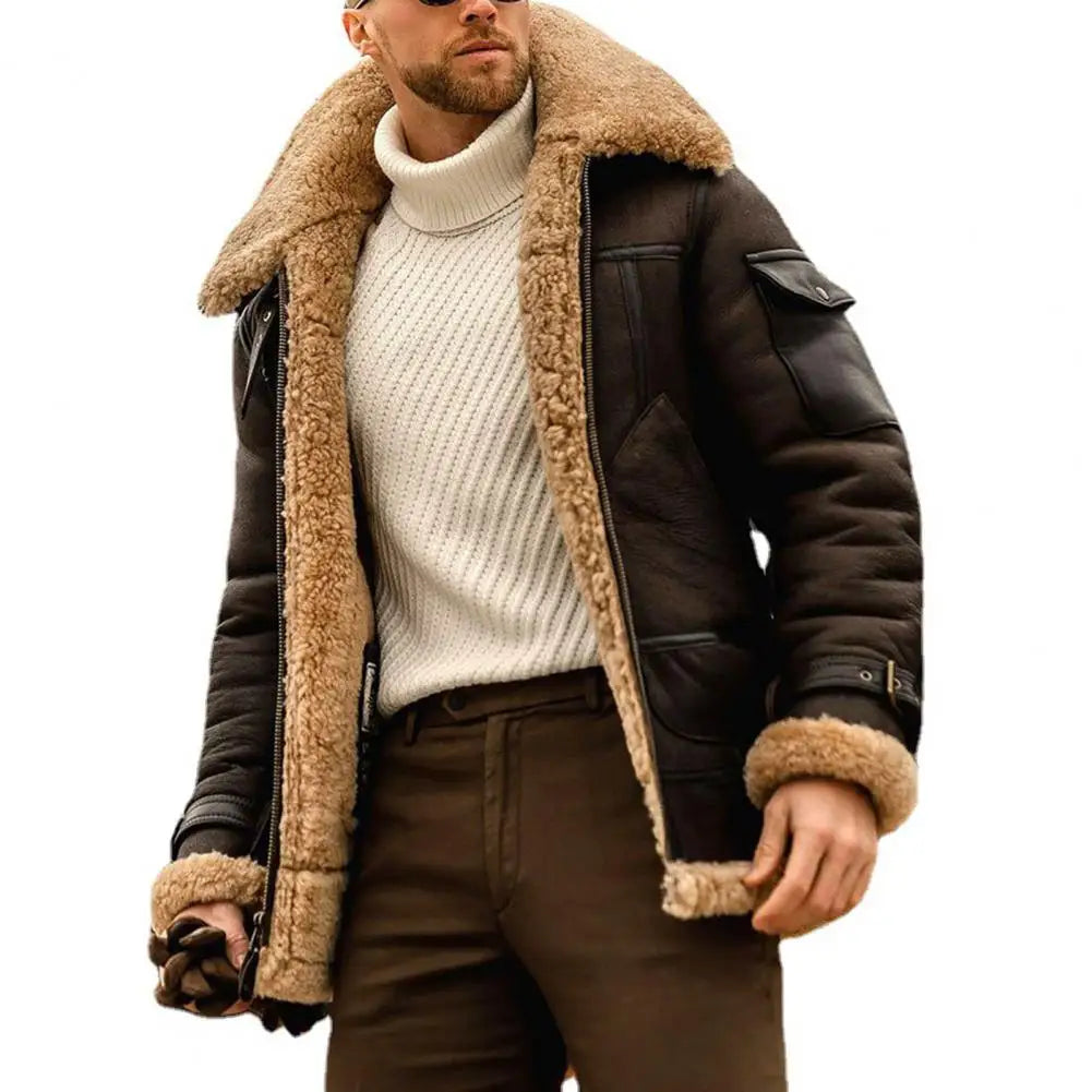 Faux Fur Faux Leather Men Jacket Thickened Plush Lining Winter Men Jackets Vintage Lapel Furry Coldproof Keep Warm Winter Coat