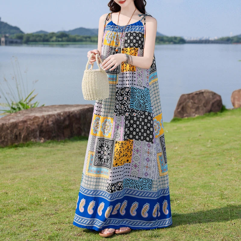 New Fashion Hot Summer Dresses For Women  Casual Flower Print Floral Sleeveless Dress Vintage Dress Loose Women Clothing