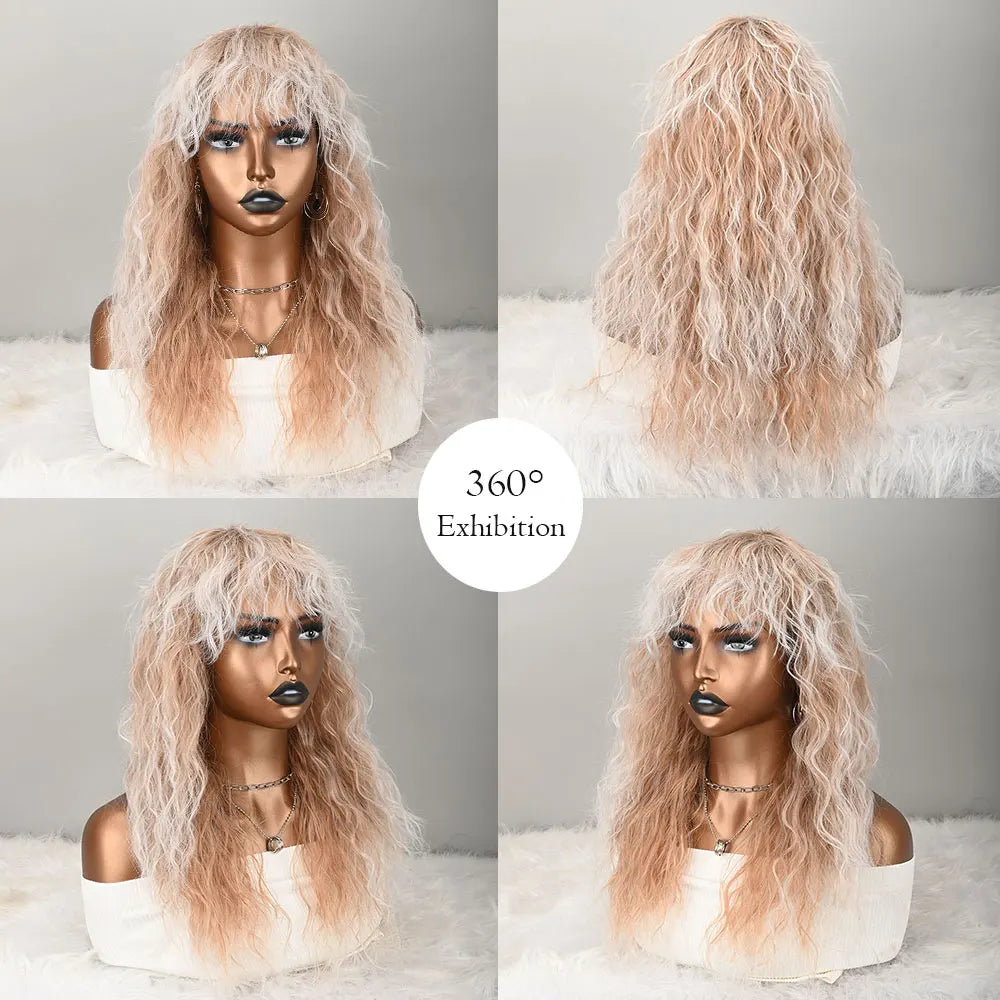 Long Curly Wig with Bangs for Women Ombre Ash Blonde Synthetic Hair Wigs Fluffy Water Wave Wig with Fringe Heat Resistant Synthe