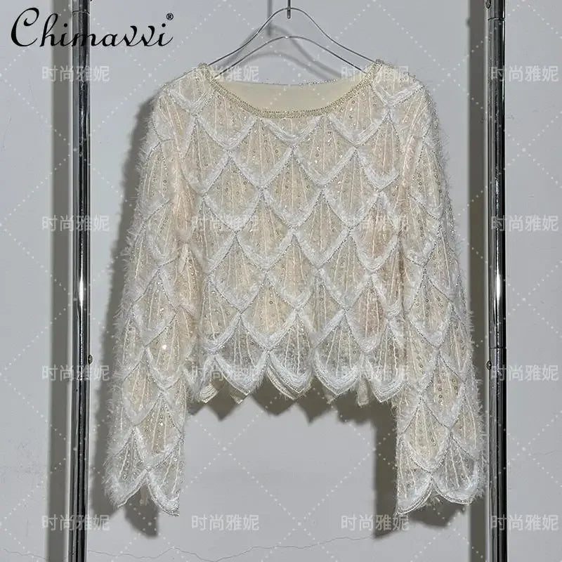 High-end Fashion Beaded Sequined Skirt Set 2025 Spring New Long-sleeved T-shirt Top High Waist Slim-fit Hip Skirt 2-piece Set