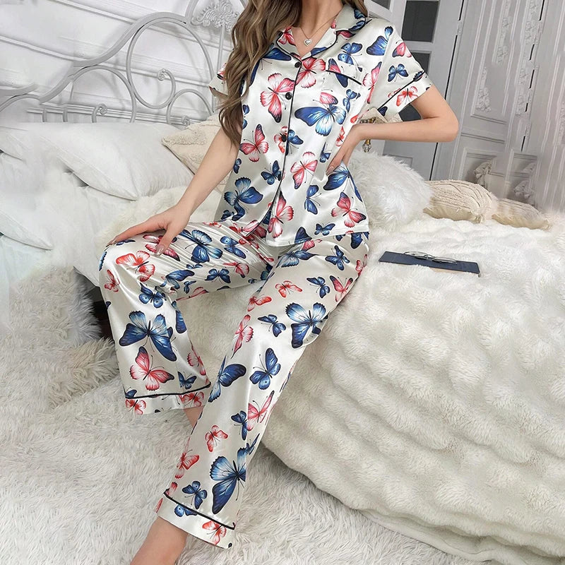 Pijama de satén elegante para mujer, conjunto de pijama con estampado floral, top de manga corta con botones y solapa, y pantalón largo para dormir o estar en casa