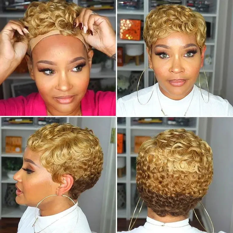 Brazilian Human Hair Wigs Short Afro Curly Wave Machine Made Kinky Curly Wig For Women Pixie Cut Wig Honey Blond Water Deep Wave