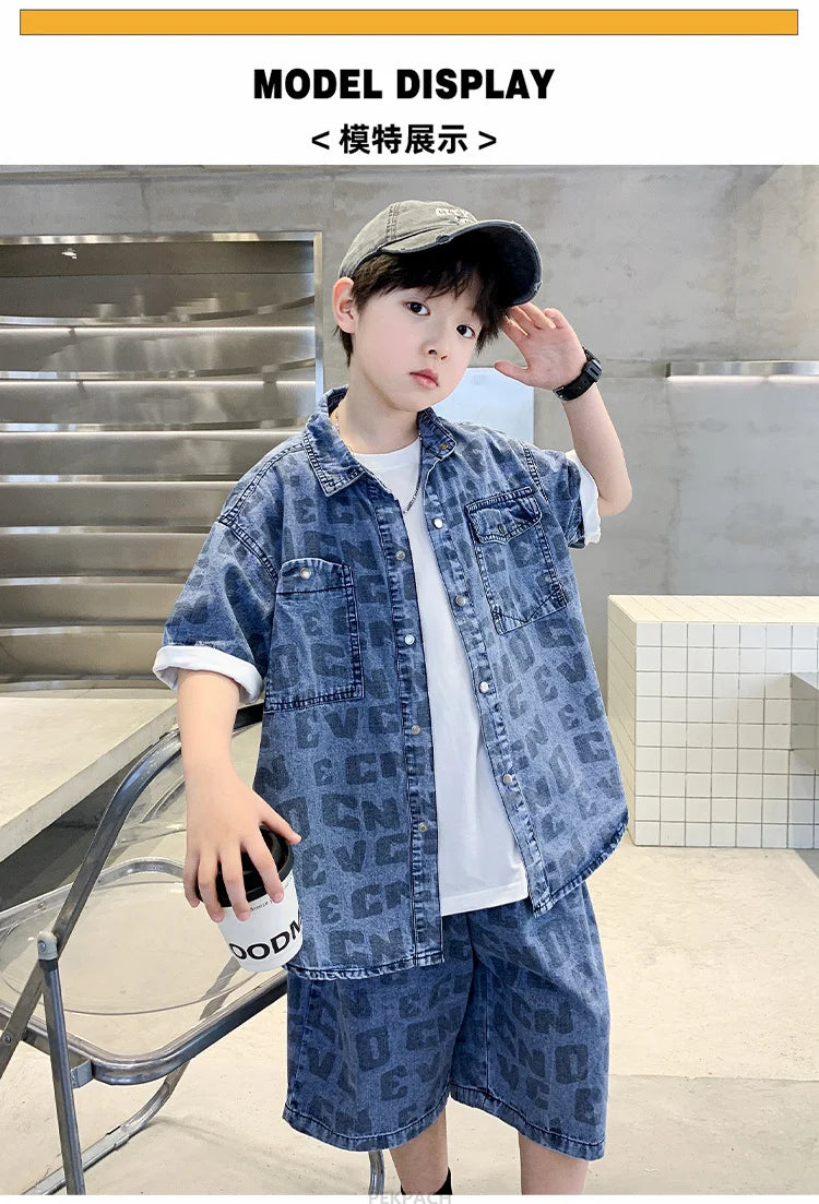 Conjunto de ropa casual de verano para niños Camisa y pantalón corto vaquero de 2 piezas para adolescentes y niños Traje de estilo urbano fresco