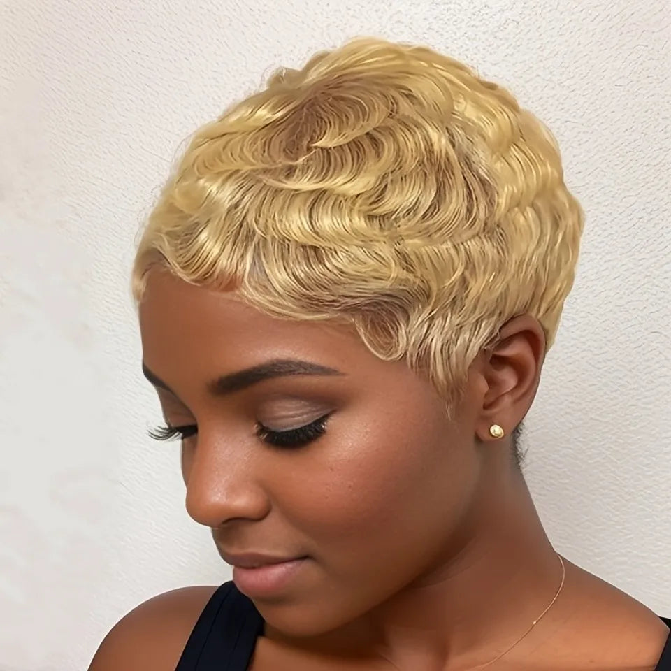 summer wig machine made hair wig for women short layered pixie cut human hair wig natural black/99j color 150%density 4inch