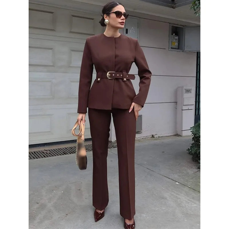 Elegant Women's Trouser Suits Long Sleeve O-Neck Top With Belt Solid Wide Leg Pants Female Suit 2025 Spring 2 Pieces Set Women