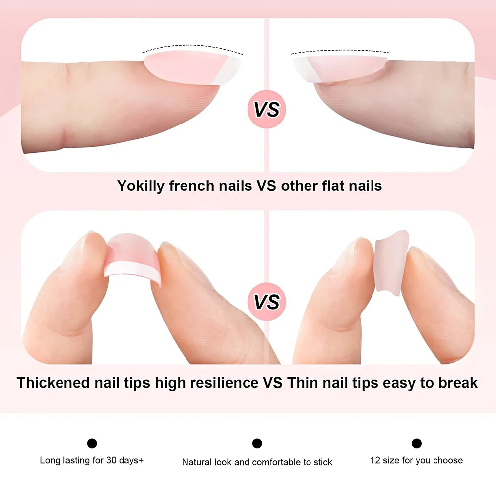 24Pcs French Square Round Head Fake Nails Natural Nude/Pink Press On Nails Tips With White-edges Wearable Full Cover Flase Nails