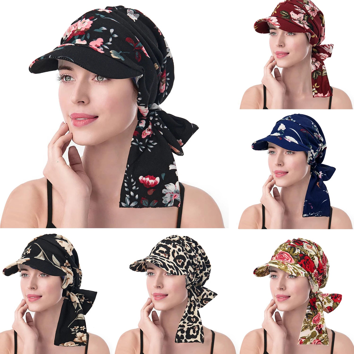 Fashion Print Women Hijab Caps Wrap Hair with Brim Turban Bonnet Breathable Comfortable Ladies Headscarf Hat Hide Hair
