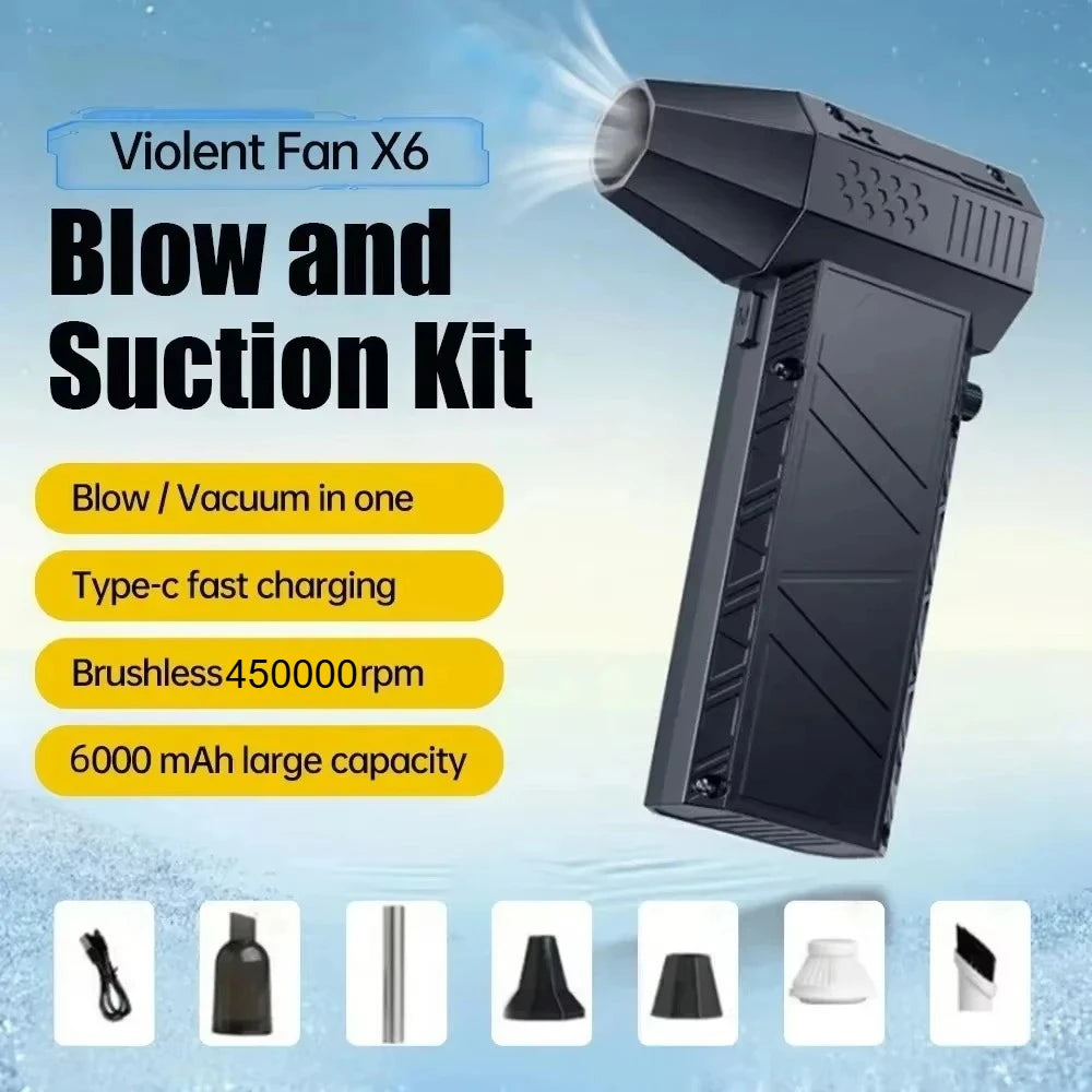 Soplador de aire X6 de 450000 RPM, potente aspirador de polvo, carga rápida, ventilador violento sin escobillas de viento fuerte para limpieza de coche/ordenador
