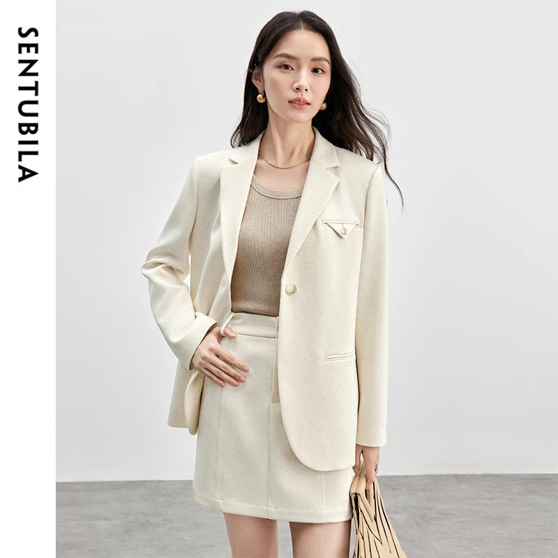 SENTUBILA Womens Skirt Suits Linen Blend Shoulder-pads Single Button  Blazer Solid Elegant Mini Skirts Two Piece Sets 151Z58181