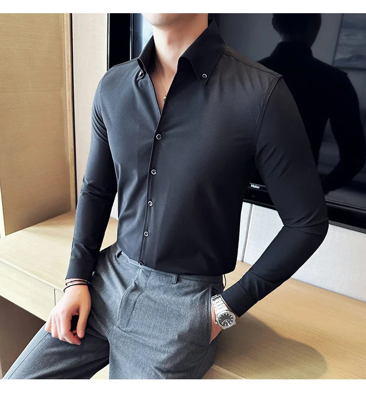 Men Dress Shirt Autumn British Style Solid Casual Slim Fit Formal Camisas V-neck Long Sleeves Shirt Streetwear Men Clothing