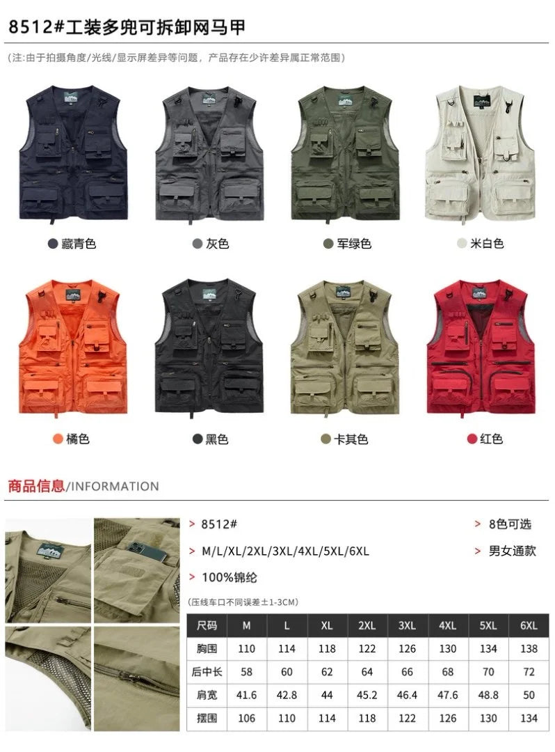 Men's Vest Summer Casual Photography Fishing Multi-Pocket Vest Outdoor Leisure Mountain Climbing Sleeveless V-Neck Custom Logo