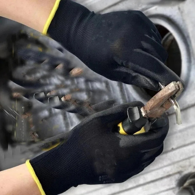 Black PU Coated Work Gloves Breathable Non Slip for Factory Machinery Gardening Woodworking Outdoor Work Car Repair Supplies