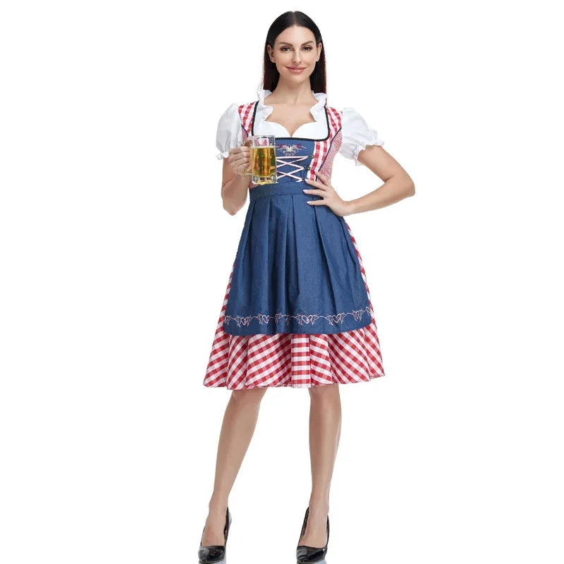 Lady Dirndl Oktoberfest Dress Women Costume Bavarian National Pink Plaid Clubwear Cosplay Halloween Carnival Fancy Party