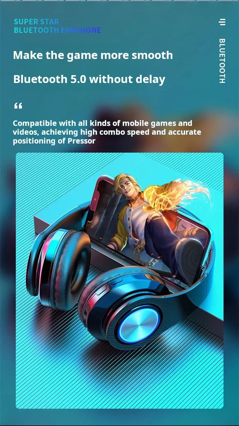 Head-Mounted Gaming Headphones Blutooth Surround Sound Stereo Wireless Earphone with Micro Phone Colourful PC Laptop Headset