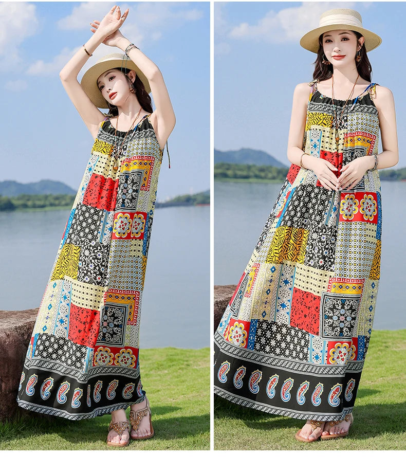New Fashion Hot Summer Dresses For Women  Casual Flower Print Floral Sleeveless Dress Vintage Dress Loose Women Clothing