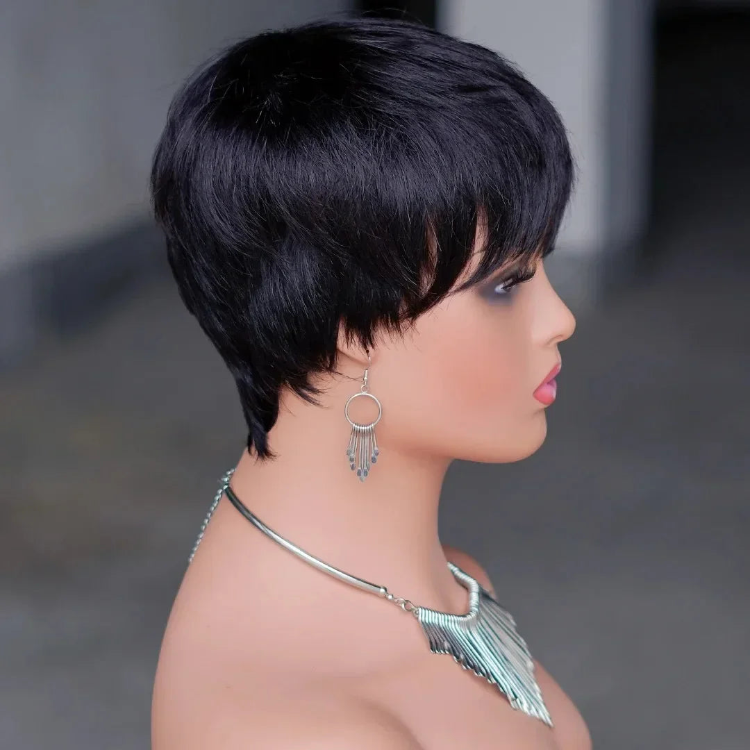 Natural Black Short Pixie Cut Synthetic Wig Full Machine Made Daily Wig for Women