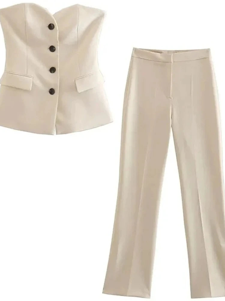 Traje de pantalón elegante sólido para mujer, tops sin tirantes sexy con botones delanteros + conjunto de pantalón con aberturas laterales, moda urbana femenina