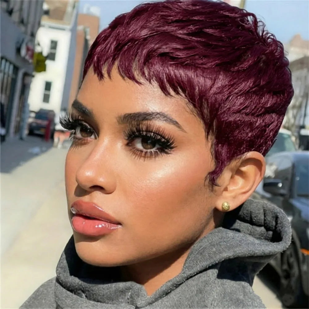 Peluca de mujer para uso diario o fiesta, hecha a máquina, color marrón, negro y borgoña, recta en capas, corte pixie de 4 pulgadas, de cabello humano corto.