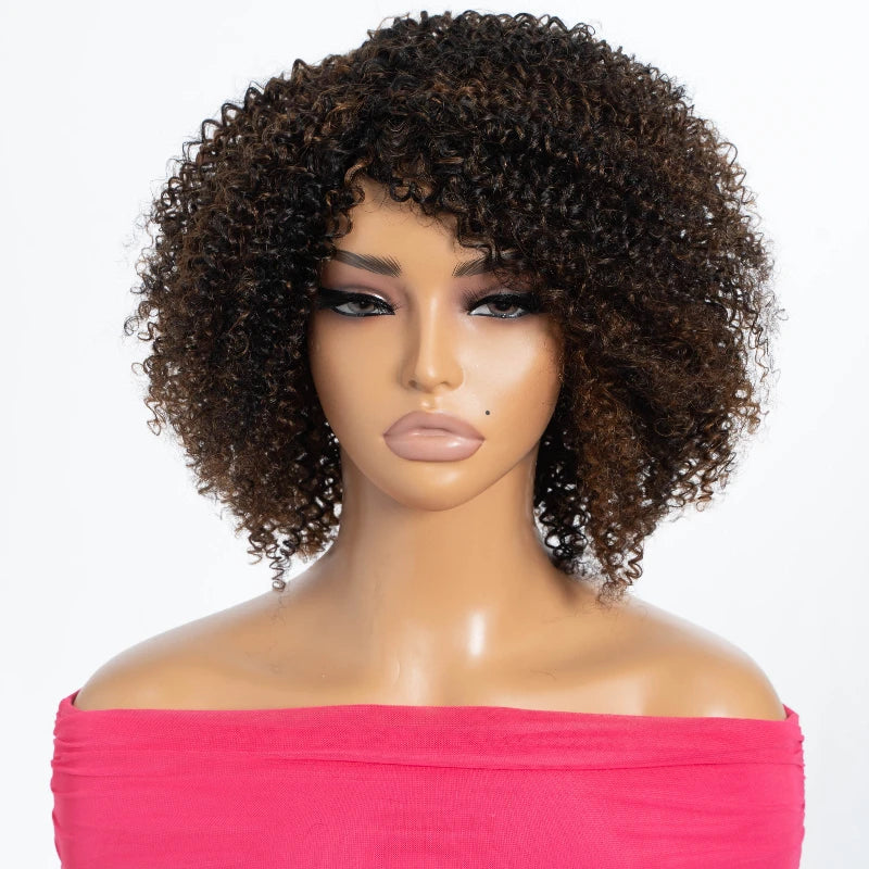 Highlight Short Kinky Curly Human Hair Wigs with Bangs Glueless Wig Brazilian Remy Short Curly Bangs Wig Human Hair for Women