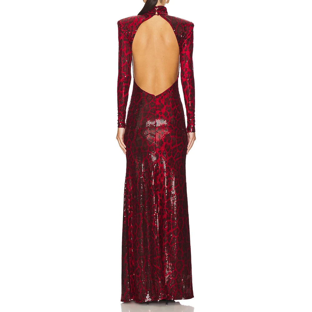 Vestido de Noche de Lujo con Lentejuelas Estampado de Leopardo para Mujer 2025 Moda Manga Larga Cuello Alto Vestidos sin Espalda con Cola Barrida