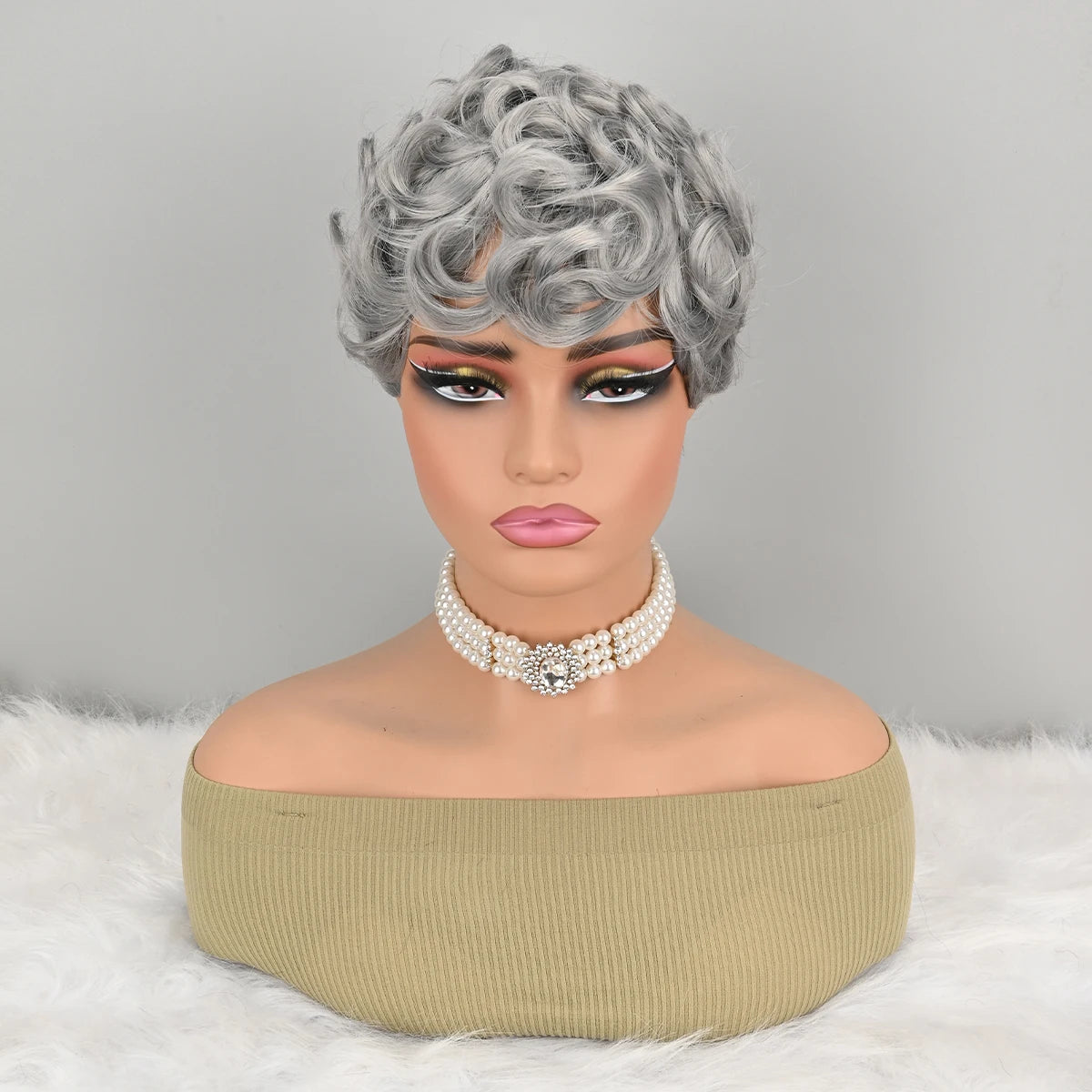 Gray short curly hair with fringe, suitable for daily and festive wear as a synthetic wig.