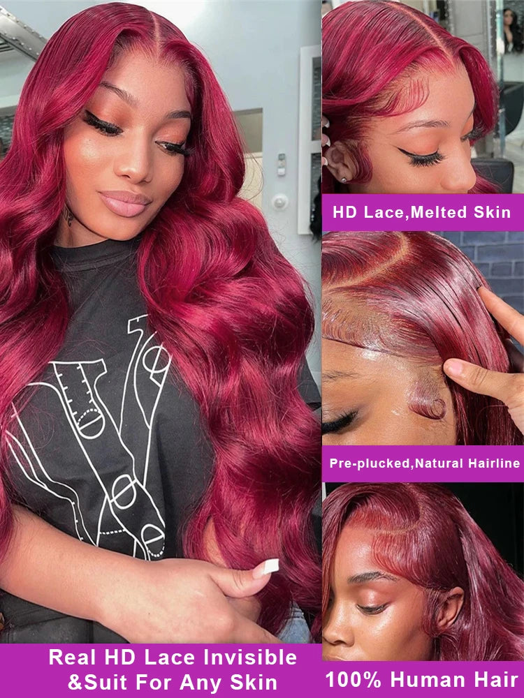 Transparent 99J Burgundy 13x6 Lace Frontal Body Wave Wig Red Colored Human Hair 13x4 HD Lace Frontal Wigs For Women Bleach Knots