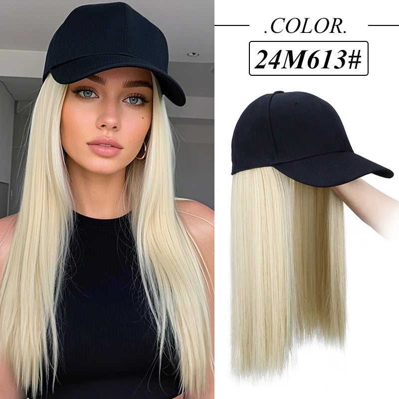 Gorro Sintético con Peluca de Pelo Largo, Liso y Negro, Extensión de Pelo con Gorra de Béisbol, Diseño Todo en Uno Elegante y Conveniente para Mujeres