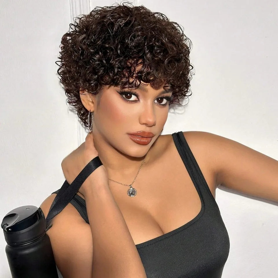 Peluca corta rizada kinky, pelucas de cabello humano, peluca afro rizada con corte pixie y flequillo, peluca brasileña marrón hecha a máquina, color degradado Rebecca