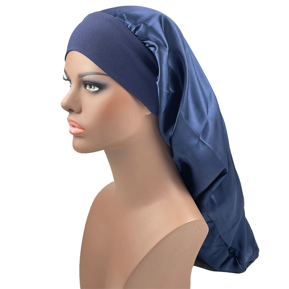 Satin Long Braid Bonnet Solid Color Sleeping Cap Bonnets for Women Wide Stretchy Band Night Cap Hats for Women
