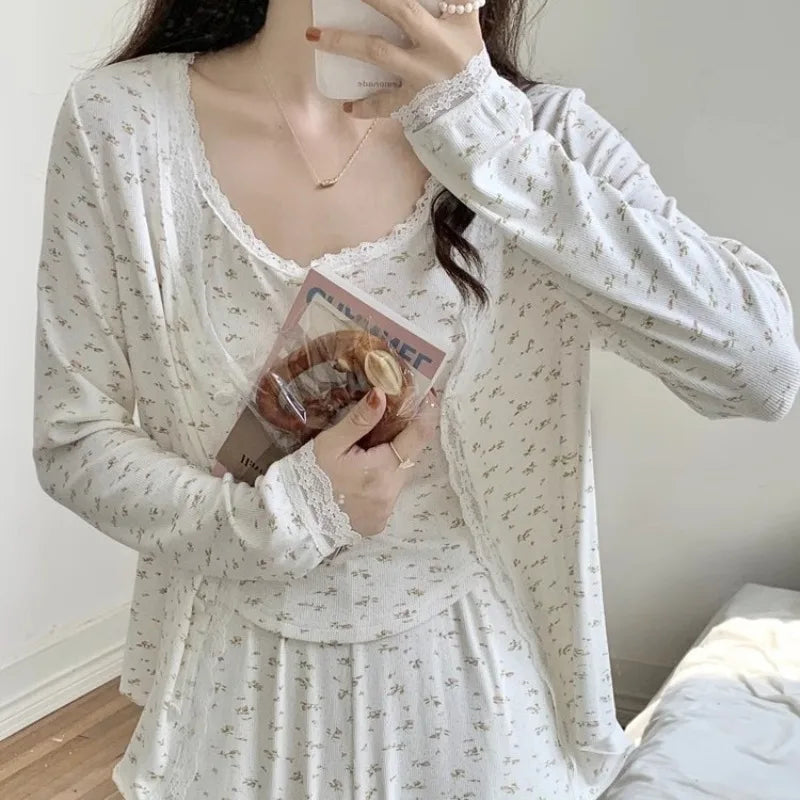 Three-Piece Pajama Set for Women Floral Lace Sweet Cardigan Camisole Homewear Long Sleeves Long Pants Fancy Underwear Ladies
