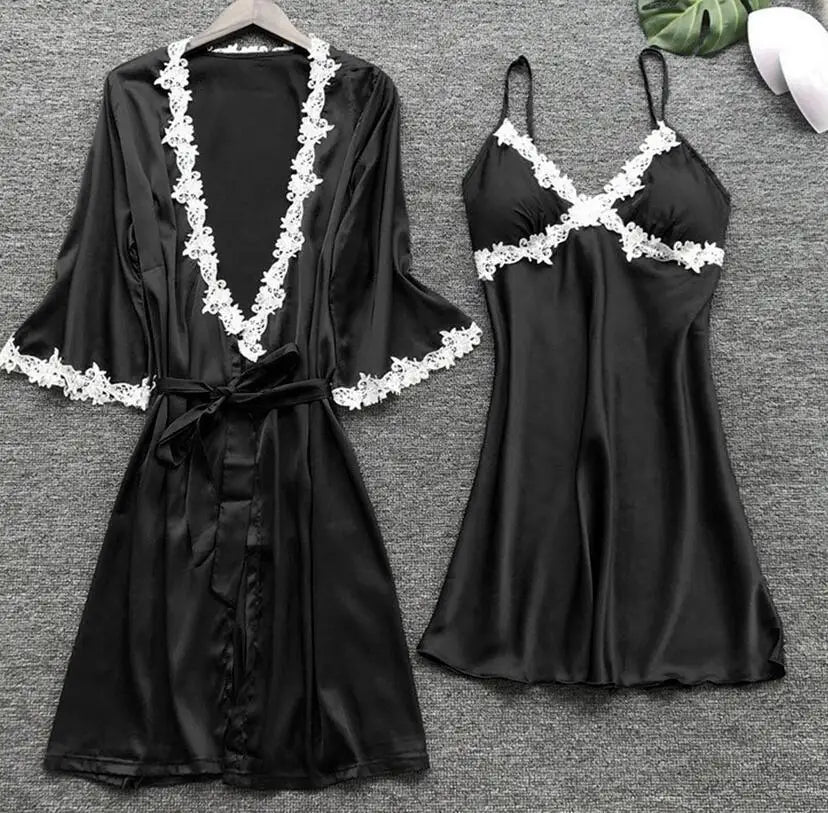 Pajamas Five Piece Set Sexy Lace Trim Nightgown Nightwear Spring Summer Women Bath Robe Loose Satin Home Wear Pijamas Suit