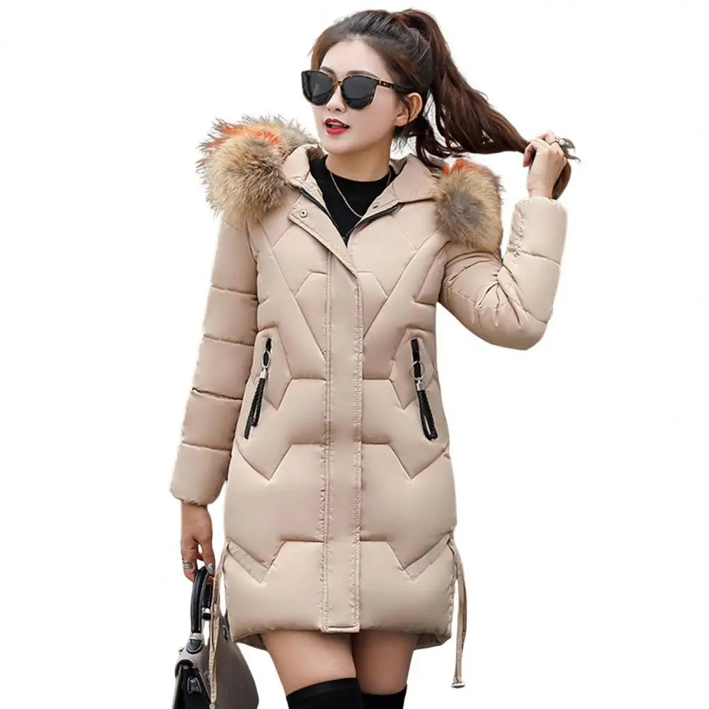 Hooded Cotton Jacket Stylish Winter Women's Cotton Jacket with Furry Hood Neck Protection Mid Length Zipper for Windproof
