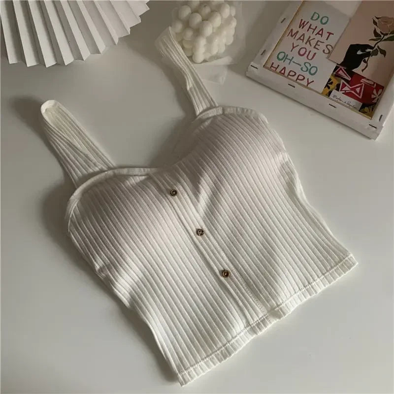 Women's Cropped Tops with Bra Pads Summer 2025 Corset Korean Suspenders Vest Sexy Slim Camisole