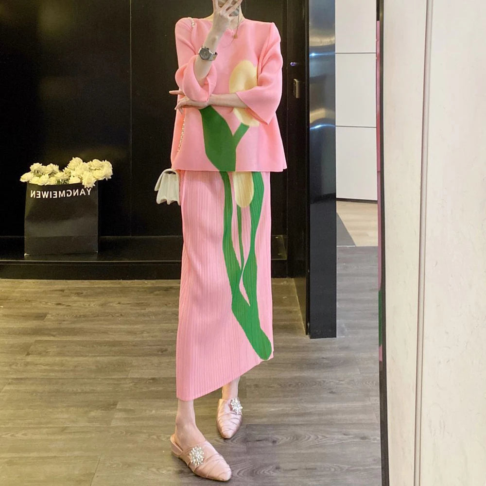 top pleated set new style slimming high-end half skirt two-piece set  two piece sets womens outifits  skirts
