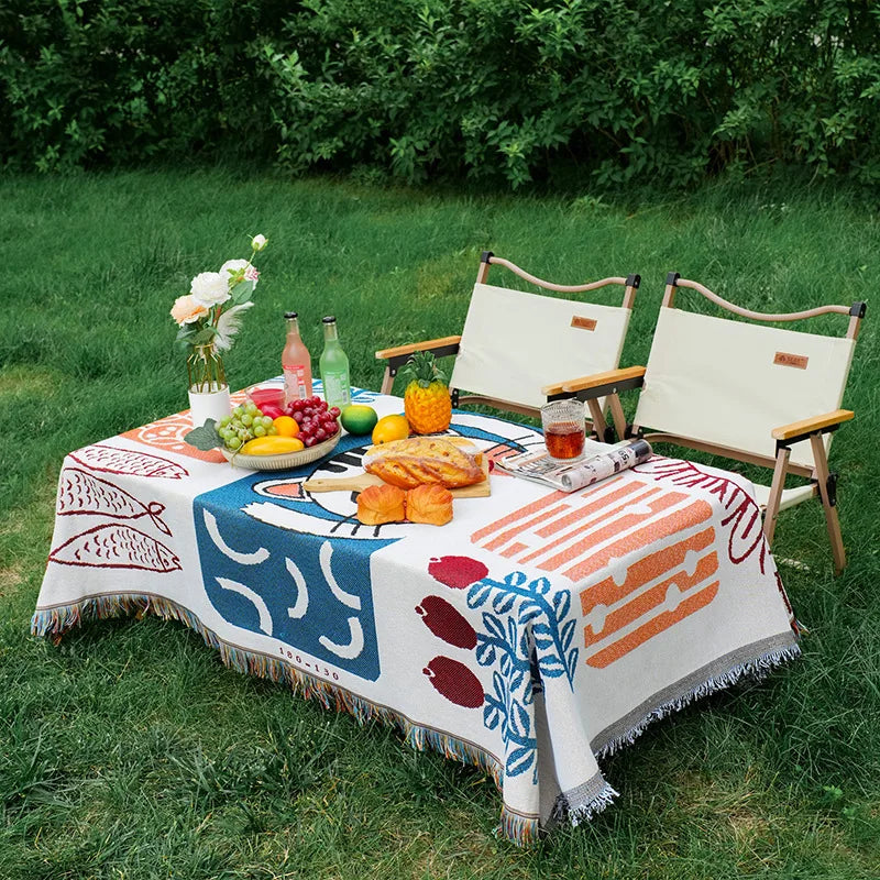 Mantel rectangular colorido estilo bohemio de tela de algodón y lino, mantel de decoración para camping al aire libre con diseño geométrico simple