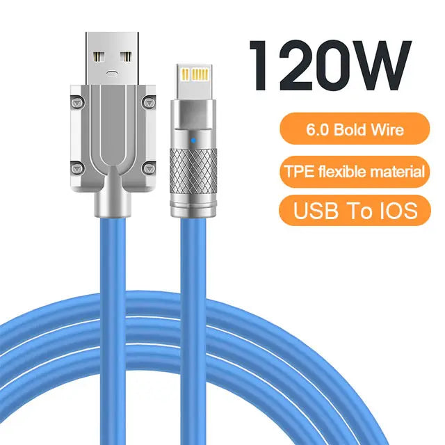 Cable de datos USB C de silicona líquida de carga súper rápida 120W 6A para iPhone 14 15 Huawei Samsung Xiaomi Cargador rápido Tipo C