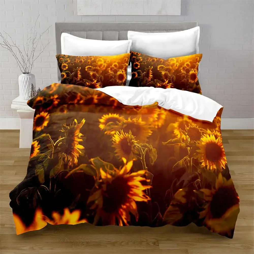 Juego de funda nórdica de girasol, flores amarillas, exuberantes girasoles en el campo, juego de cama de microfibra, estampado floral botánico, funda de edredón