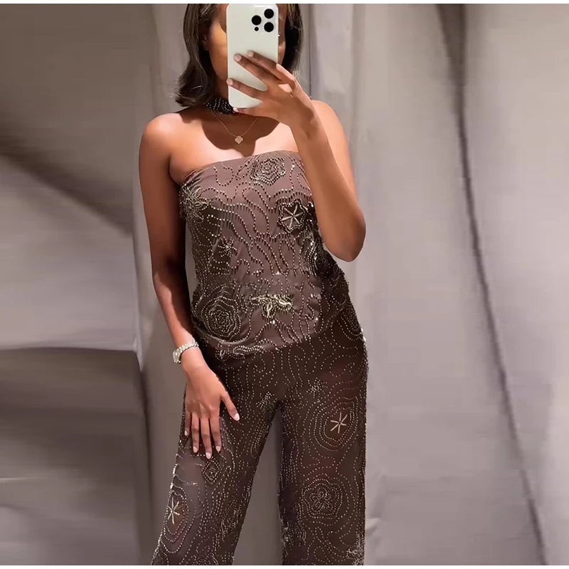 Chic Beaded Women's Top Pant Set Sexy Slim Halter Sleeveless Crop Tops See Through Elastic Waist Wide Leg Pants Summer Outfits