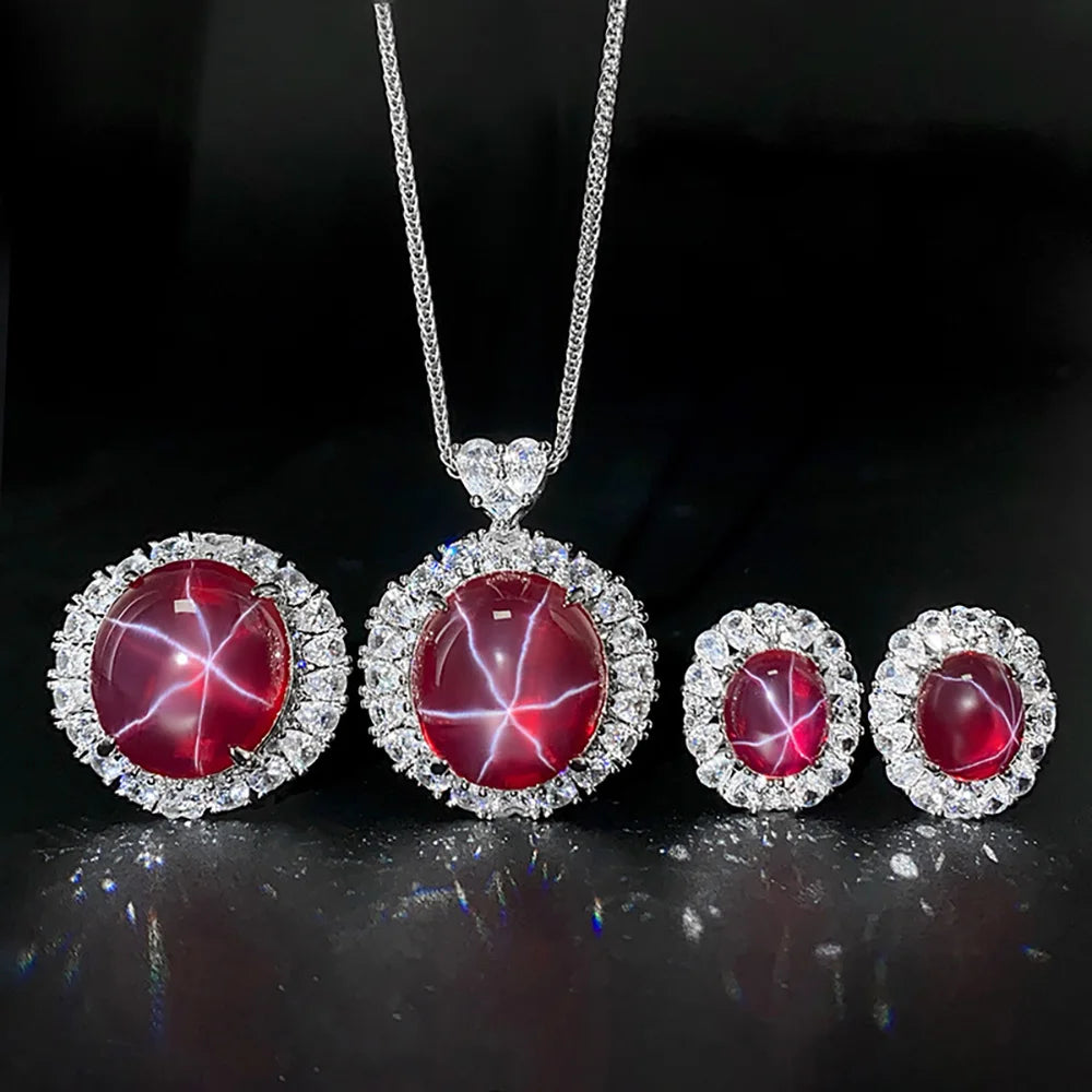 Women's Fine Jewelry Set Retro Lab Ruby Gemstone Necklace Pendant Ring Stud Earrings Wedding Party Accessories Anniversary Gift