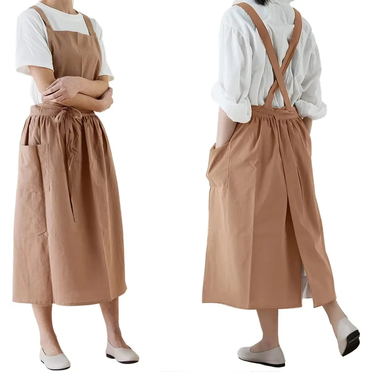 Waterproof Women Girls Vintage Apron Adjustable Gardening Works Cross Back Cotton/Linen Blend Aprons Pinafore Dress