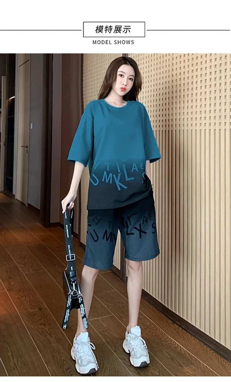 Women's Casual Sports Short Suit Summer New Fashion Fried Street Long T-shirt Crop Tops 2 Two Piece Set For Women Tracksuit