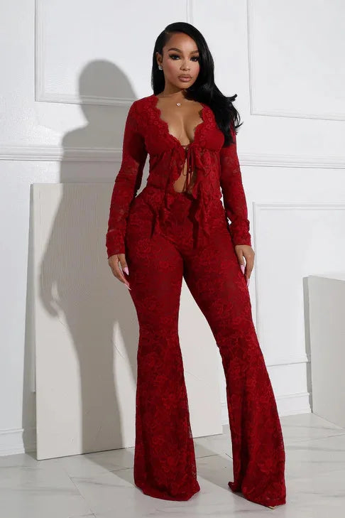 Pant Sets Women Two Pieces Cardigan Lace Sexy Tops Tracksuit Full Wide Leg Pants Loose Fit Casual Spliced High Waist Solid