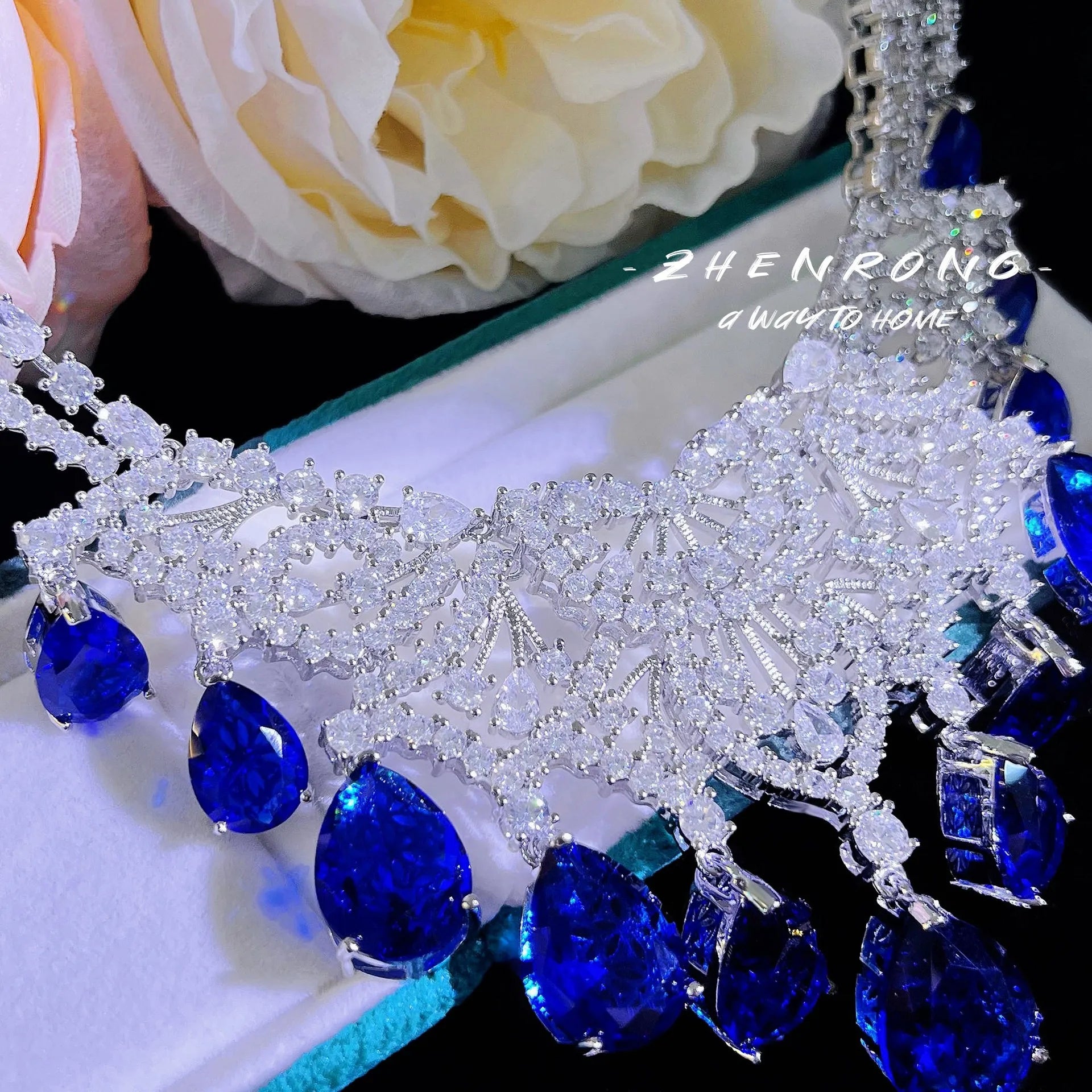 Luxury Designer Jewelry Choker Necklaces Earrings Sets Water Drop Blue Sapphires Silver Color Wedding Bride Women Accessories