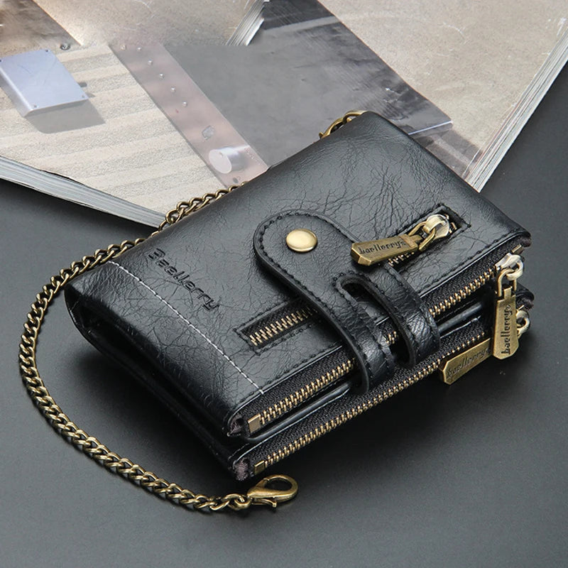 Men's Luxury PU Leather Wallet - Short Chain Design Card Holder, Classic Retro Purse (High Quality Brand)