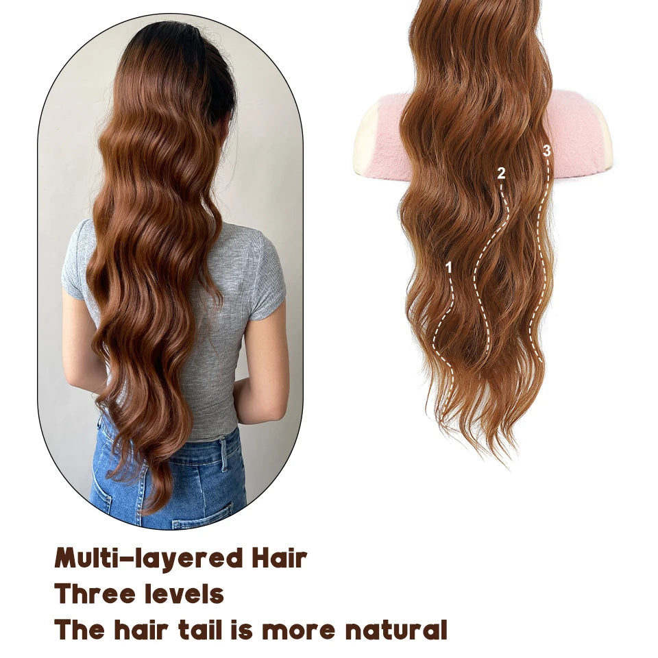 Queue de cheval à cordon de serrage de 28 pouces Extensions de cheveux synthétiques pour femmes noires Longue queue de cheval ondulée à clipser haute température pour femme afro