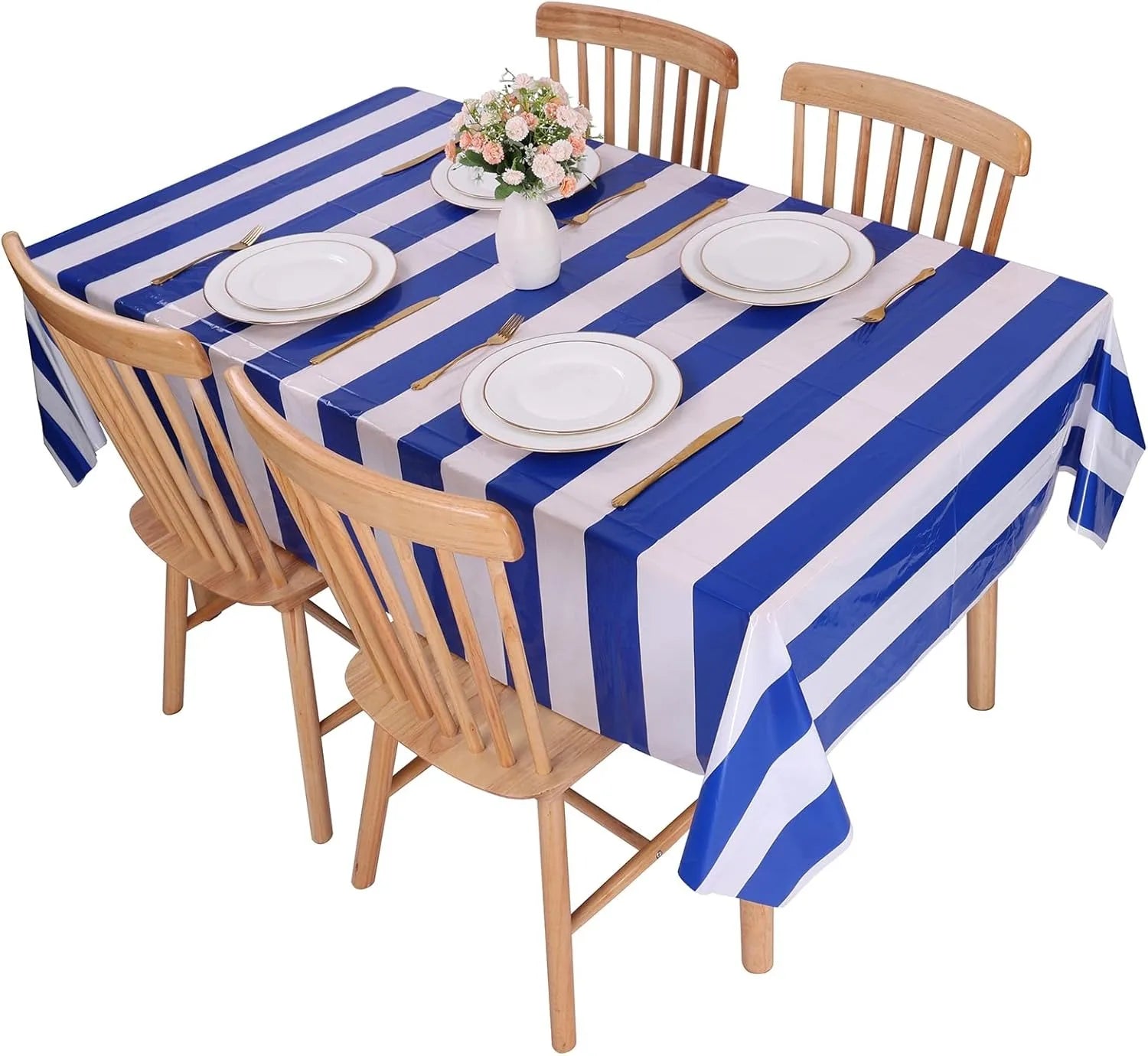 1 PC Blue&White Striped Tablecloth, Waterproof Plastic Table Cover, Rectangular Table Cloths for Shower Nautical Theme Party